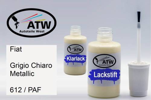 Fiat, Grigio Chiaro Metallic, 612 / PAF: 20ml Lackstift + 20ml Klarlack - Set, von ATW Autoteile West.